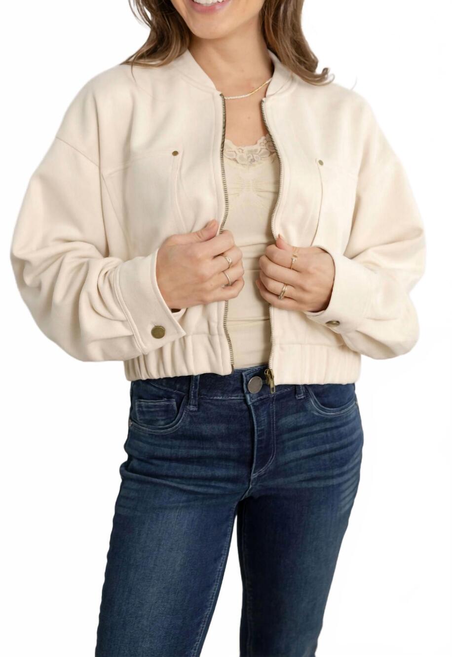 NEW MYSTREE suede bomber jacket in ivory